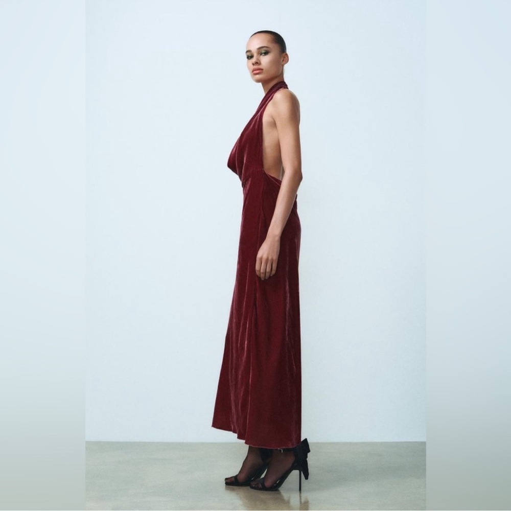 NWOT Zara Raspberry Pink Velvet Maxi Dress Halter Neck Open Back Size XS - Picture 4 of 9
